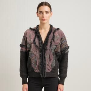 Cache 80s Velvet Beaded Patchwork Faux Fur Trim Cardigan Jacket Mauve Blk Medium